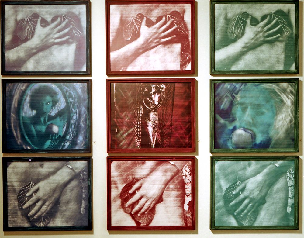 Non silver photographic process images, incorporated into larger installation artworks, part of solo exhibition in Athens.